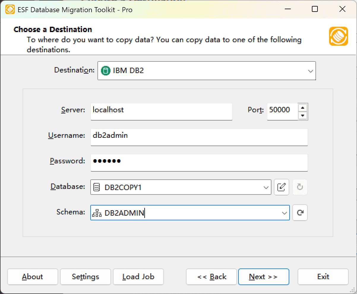 IBM DB2 connection dialog showing server configuration, database field, and schema refresh controls