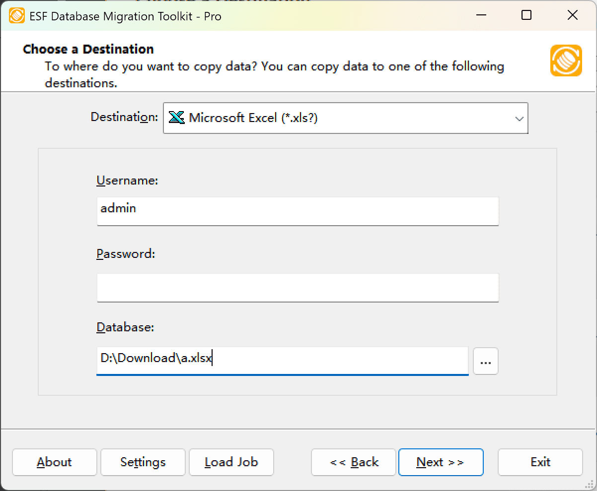 &quot;Choose a Destination&quot; dialog showing Microsoft Excel option and file browser interface