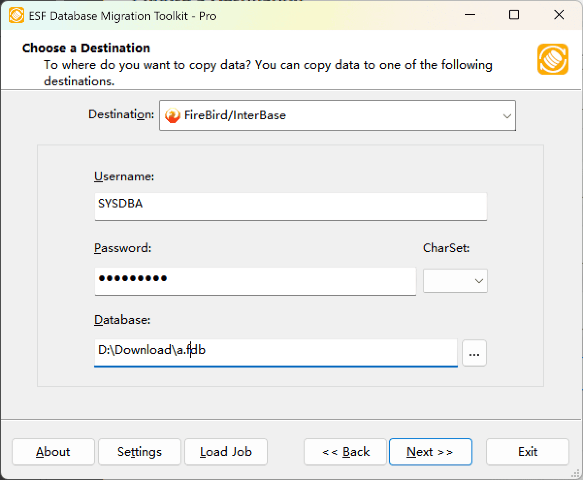 Firebird/InterBase destination configuration dialog showing authentication fields, character set dropdown, and database location controls