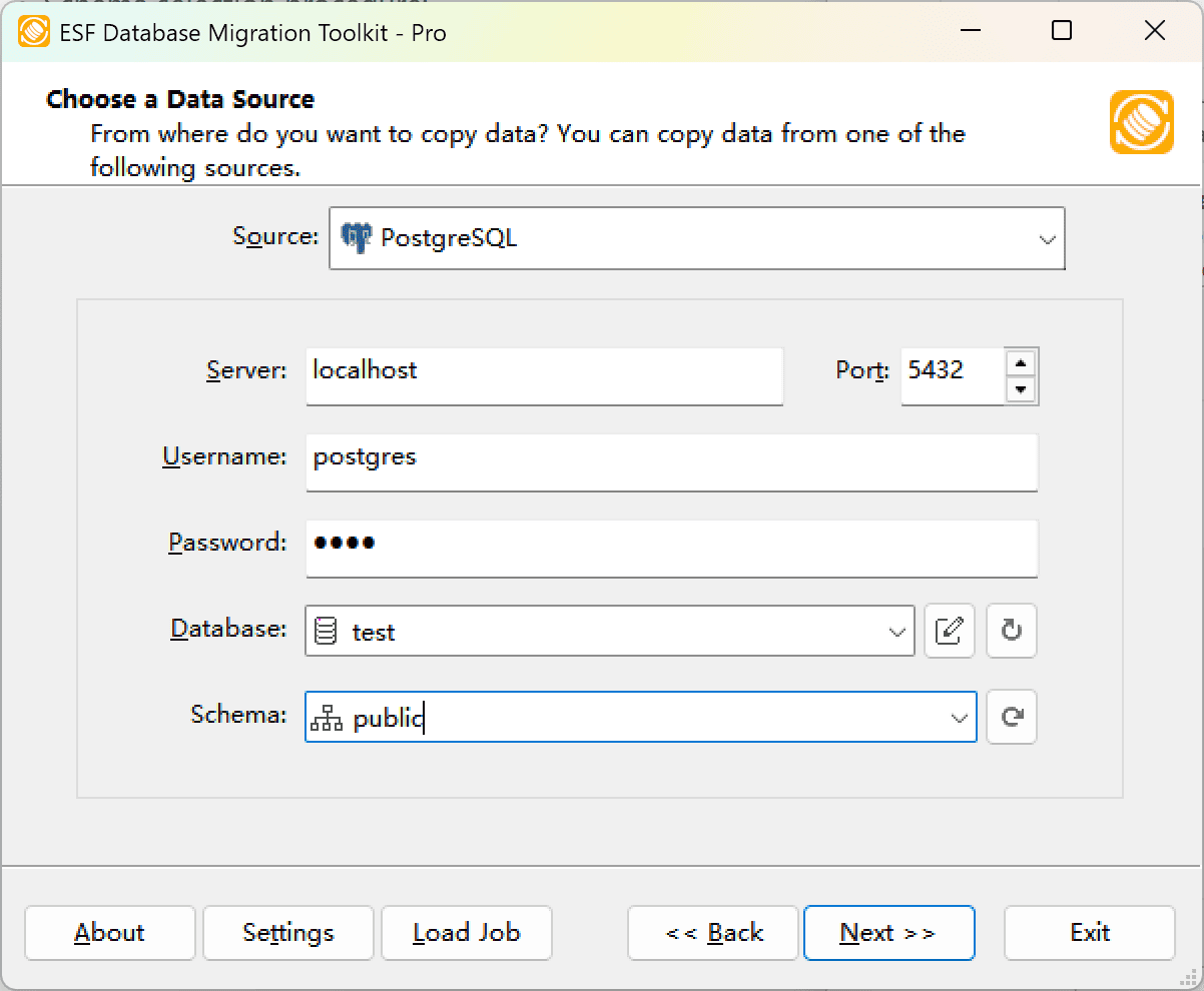 PostgreSQL connection dialog showing server configuration, authentication fields, and refresh controls
