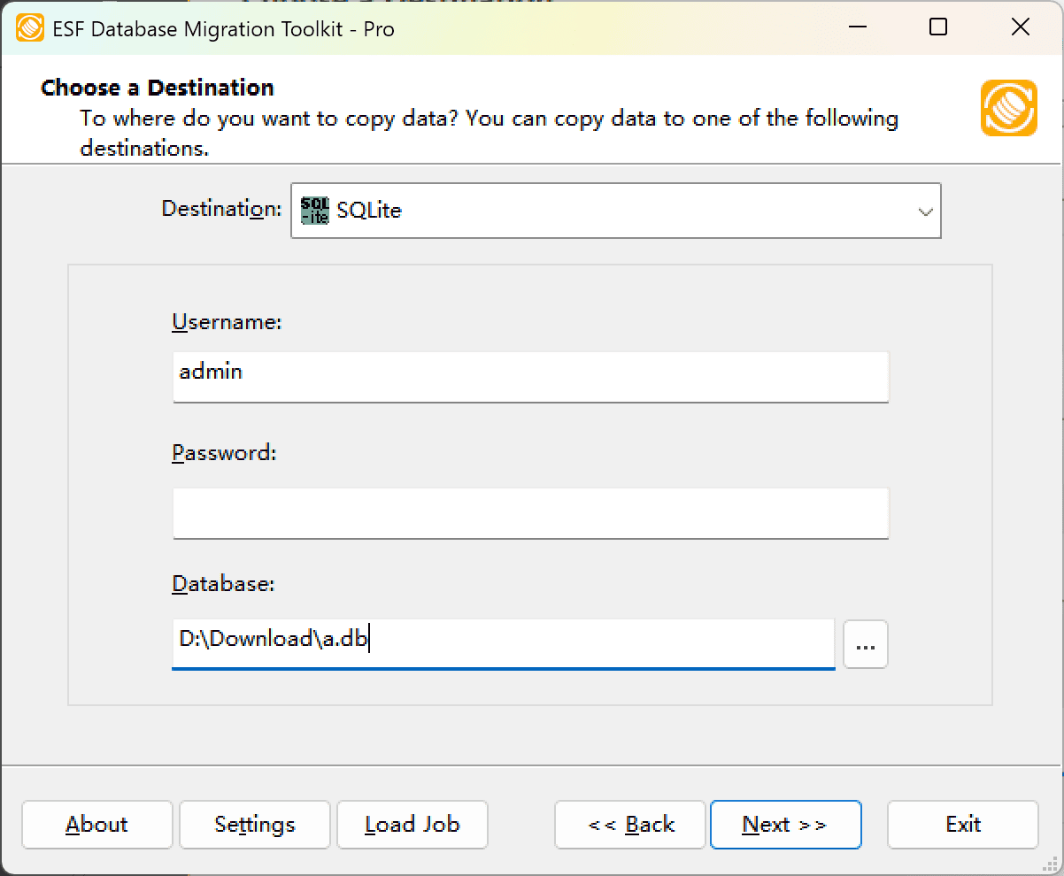 &quot;Choose a Destination&quot; dialog showing SQLite option and file browser interface