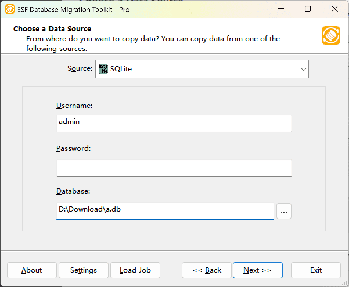 &quot;Choose a Data Source&quot; dialog showing SQLite option and file browser interface