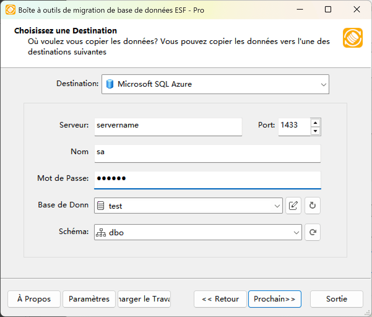 Boîte de dialogue "Choisir une destination de données" montrant les options de configuration SQL Azure