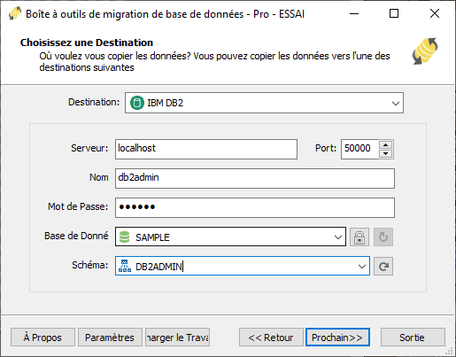Boîte de dialogue de connexion IBM DB2 montrant la configuration du serveur, le champ de base de données et les contrôles d'actualisation du schéma
