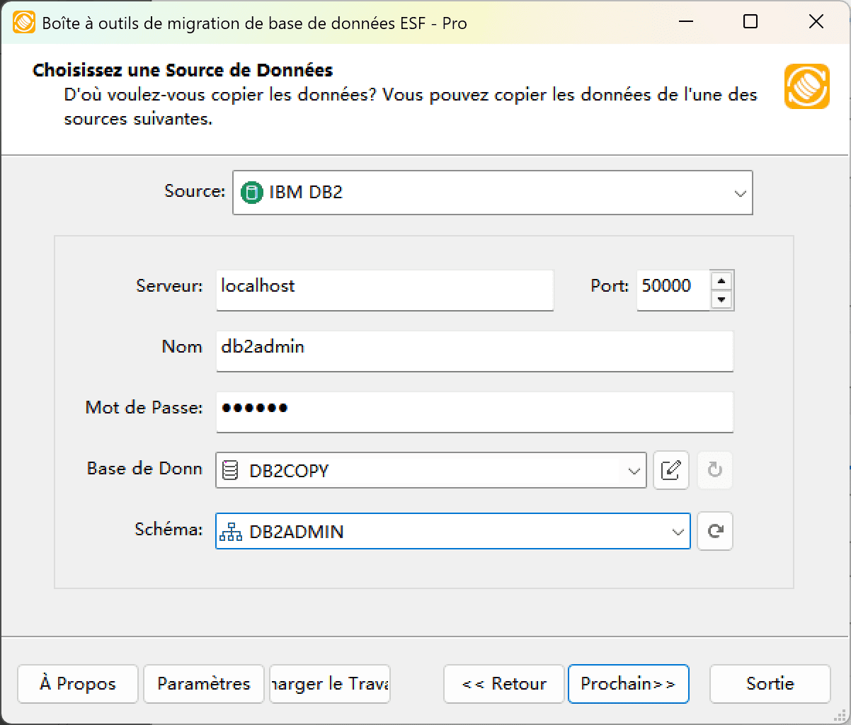 Boîte de dialogue de connexion IBM DB2 montrant la configuration du serveur, la combobox de base de données et les contrôles de schéma