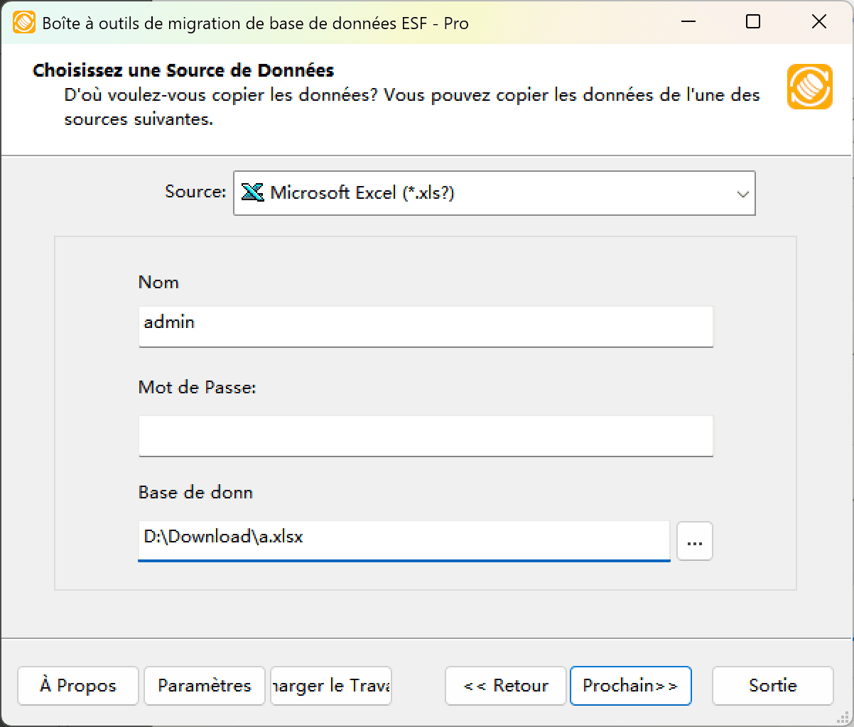 Boîte de dialogue "Choisir une source de données" montrant l'option Microsoft Excel et l'interface de navigation de fichiers