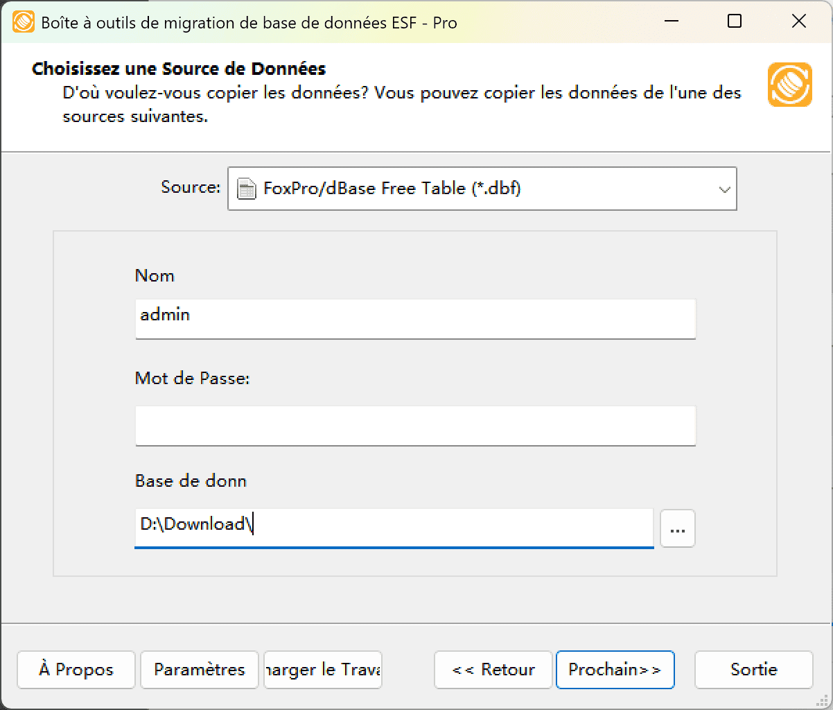 Boîte de dialogue "Choisir une source de données" montrant l'option Table libre FoxPro/dBase (*.dbf)