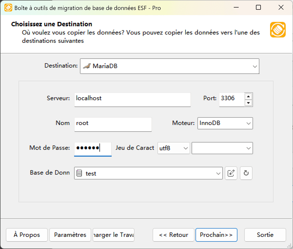 Boîte de dialogue "Choisir une destination" montrant la configuration MariaDB avec les paramètres serveur, le moteur de stockage et les options de base de données