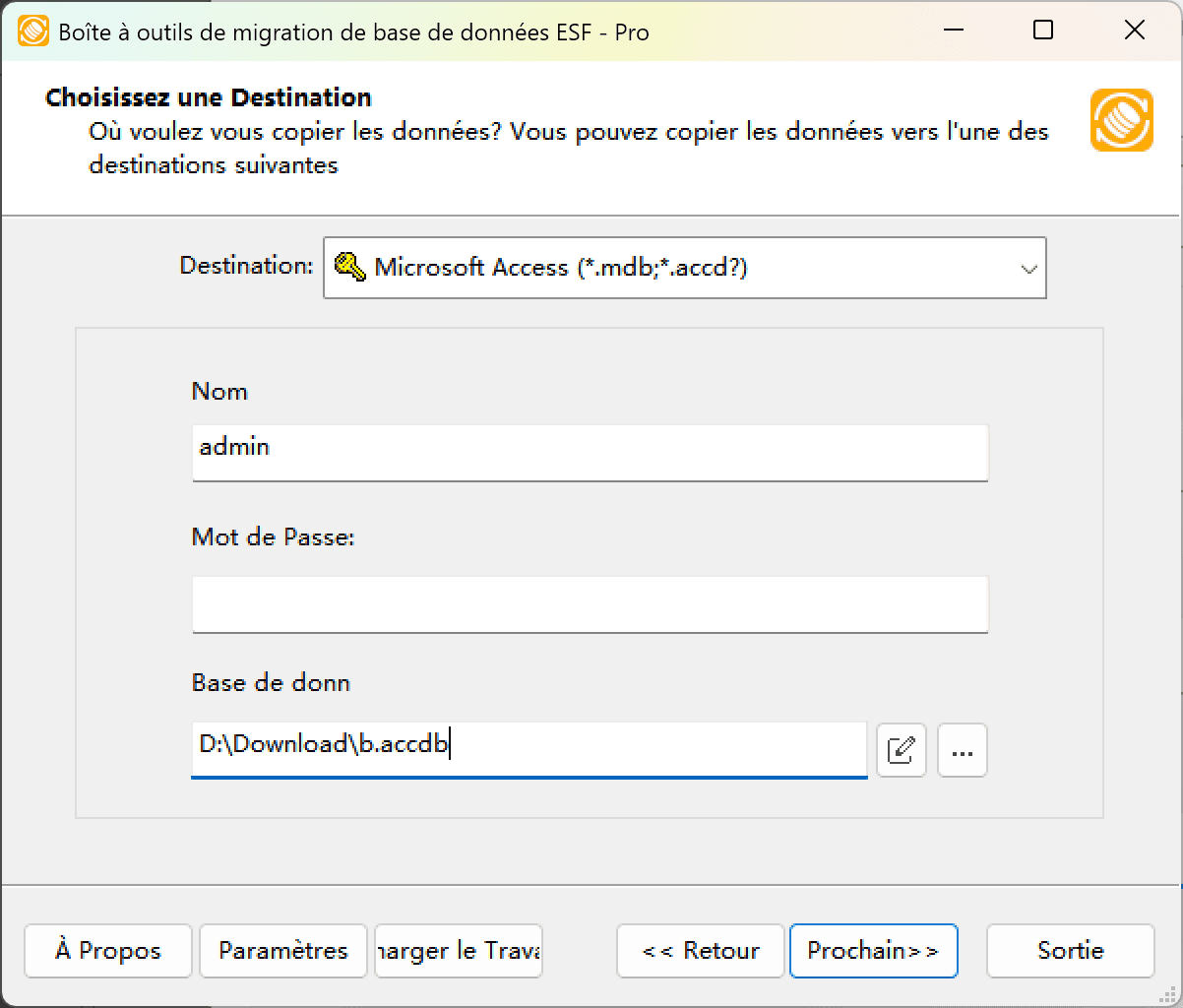 Boîte de dialogue "Choisir une destination" montrant l'option Microsoft Access, le navigateur de fichiers et le bouton de verrouillage
