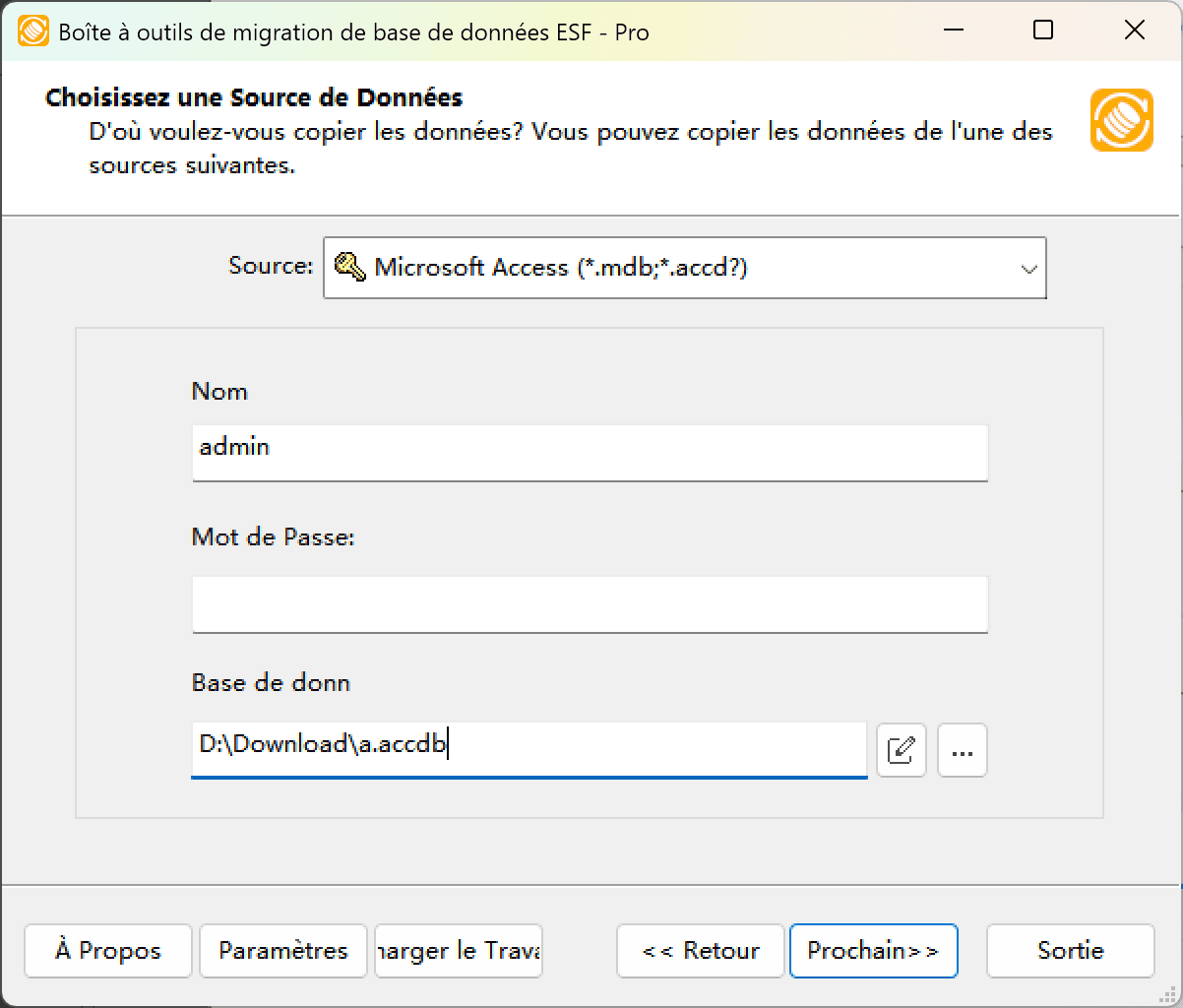 Boîte de dialogue "Choisir une source de données" montrant les options Microsoft Access et la configuration de sécurité