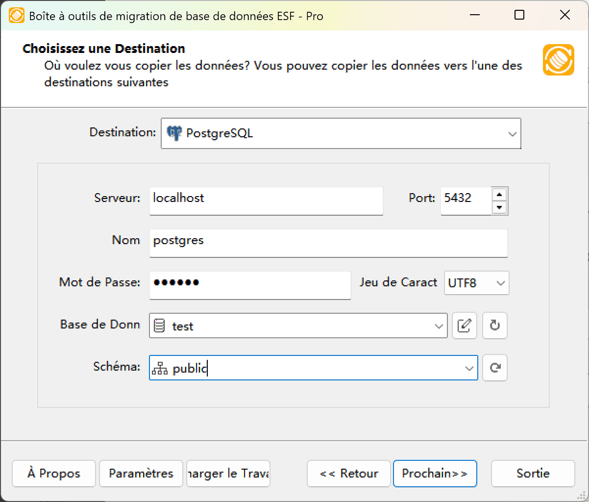 Boîte de dialogue "Choisir une destination" montrant les options de configuration PostgreSQL incluant les paramètres serveur, la sélection du jeu de caractères et les contrôles de schéma