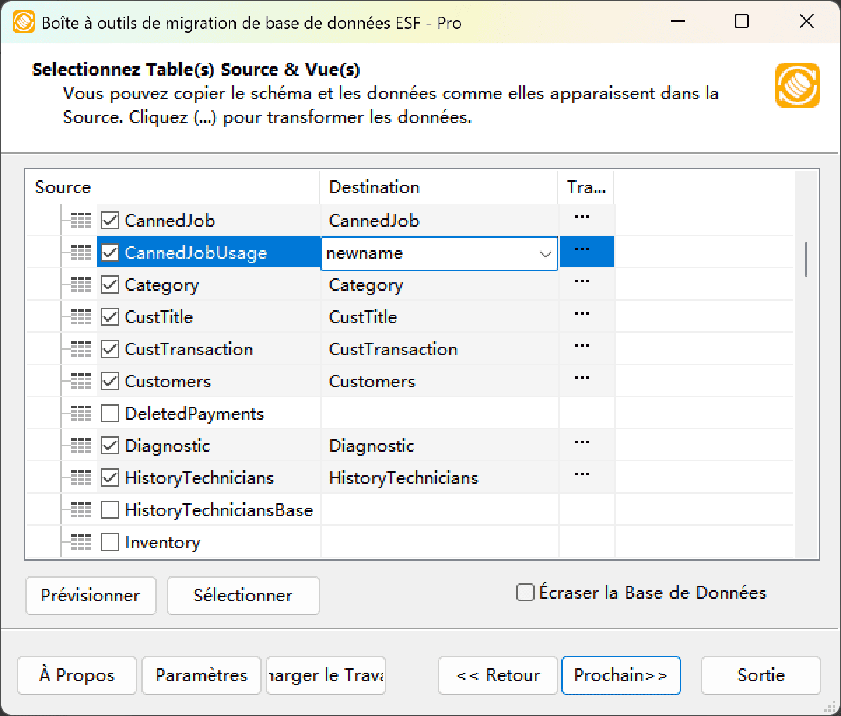 Sélectionner les tables et vues