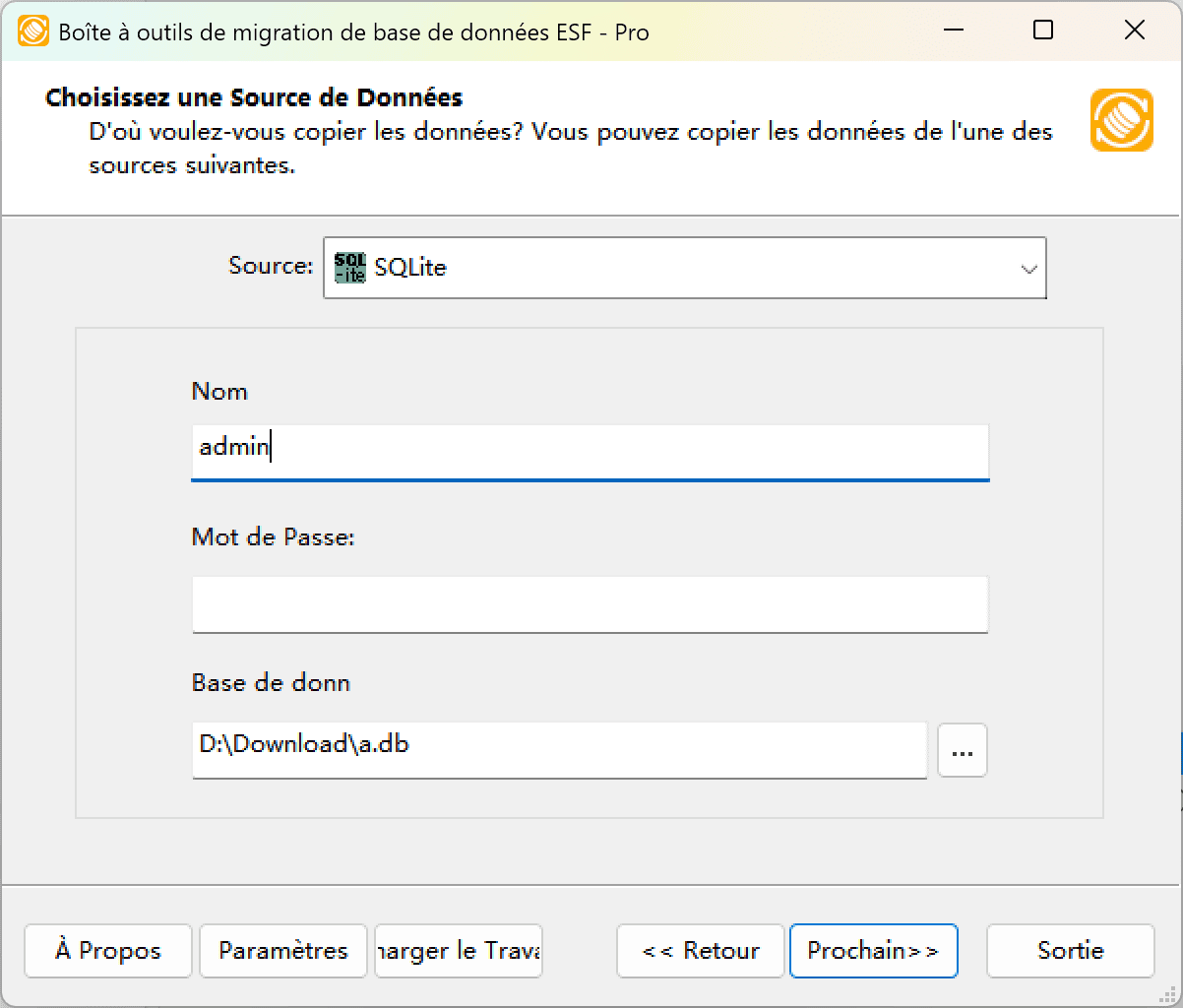 Boîte de dialogue "Choisir une source de données" montrant l'option SQLite et l'interface de navigation de fichiers