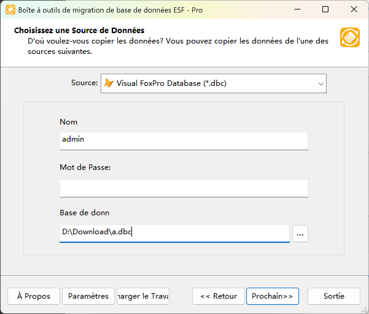 Boîte de dialogue "Choisir une source de données" montrant l'option Base de données Visual FoxPro (*.dbc)